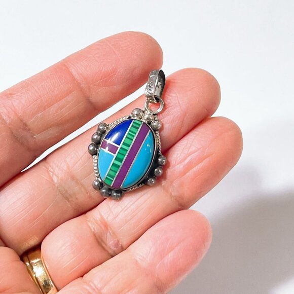Sterling Silver Multi Gemstone Navajo Pendant With Inlay Design - Picture 3 of 5